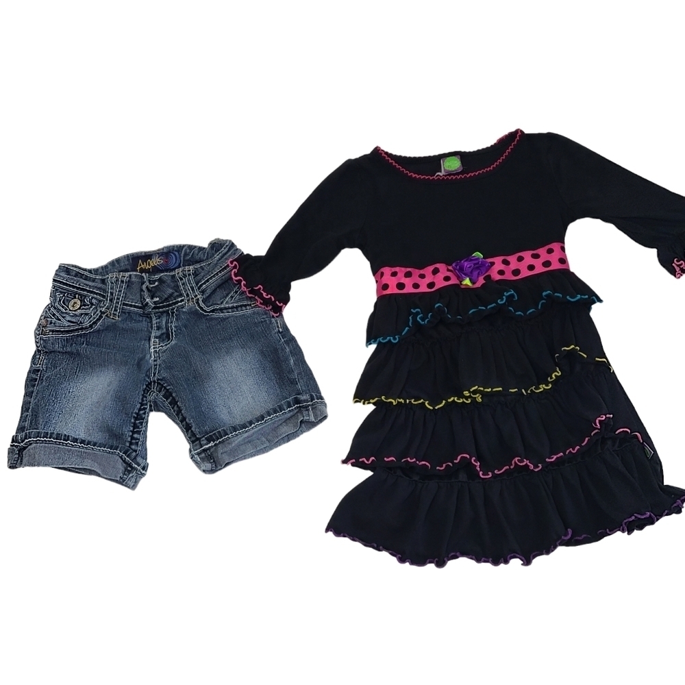 Dollie & Me Girls Black Pink Multicolor Dress and Angels Shorts size 7